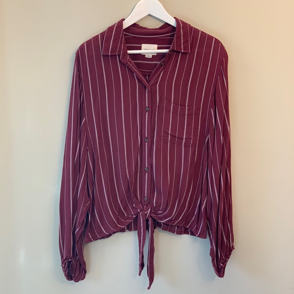 American Eagle Long Sleeve Maroon Striped Blouse - Size M